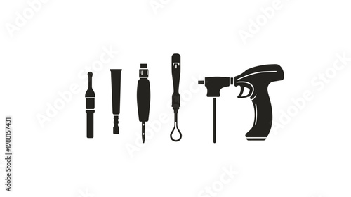 Silhouetted collection of various tools, possibly medical or industrial, presented against a white backdrop
