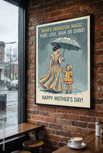 Heartwarming Mother's Day poster in a cozy cafe: a mom and child under an umbrella in the rain. 