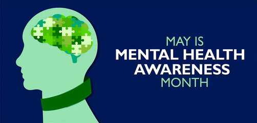 Creative illustration of a human head with puzzle brain highlighting mental health awareness month concept