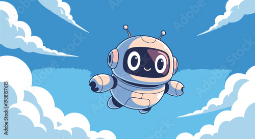 Cartoon Robot Flying Among White Clouds 7.