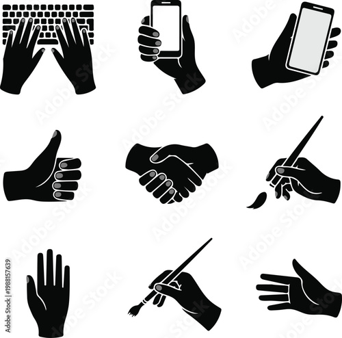 Set of Minimalist Black and White Hand Gesture Icons, Business and Creative Interaction Vector Illustrations
