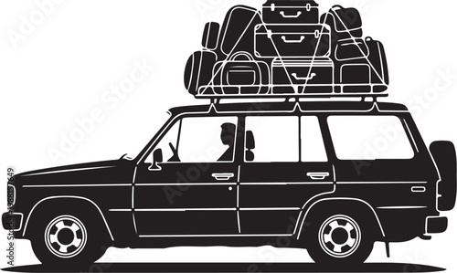 Black SUV with luggage on roof rack, travel vehicle, road trip car, silhouette illustration