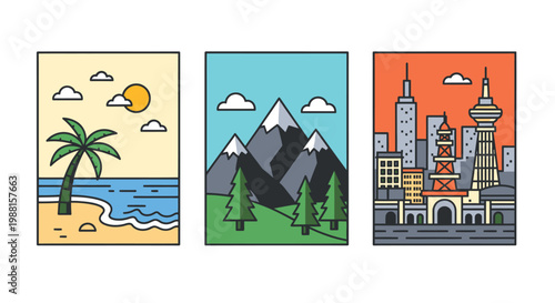 Tropical Beach Mountain Cityscape Illustration Set.