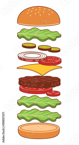 Hamburger Layers Disassembled on White Background.