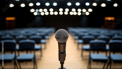 Microphone on Stage in a Dimly Lit Conference Hall