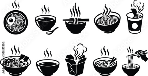 Set von schwarzen Symbolen, die verschiedene dampfende asiatische Nudelsuppen und Gerichte in Schüsseln darstellen.