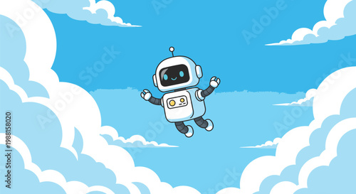 Robot Flying Through Blue Sky with Clouds 2.