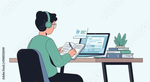 Man Working on Computer with Headphones.