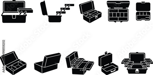 Eine Sammlung von schwarzen Symbolen für verschiedene Werkzeugkästen und Angelkoffer.