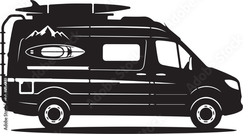 Black camper van, surfboard on roof, mountain scenery, vector illustration, adventure vehicle