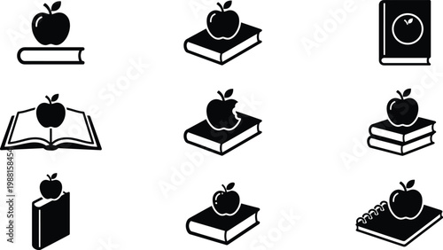 Eine Sammlung von neun schwarzen Bildungs-Symbolen, die Äpfel auf Büchern darstellen.