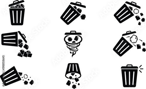 Eine Sammlung von neun schwarzen Piktogrammen, die Mülleimer in verschiedenen Zuständen und Aktionen zeigen.