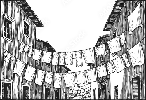Old village street with hanging laundry between buildings vintage rustic houses, clothesline drying garments in traditional neighborhood