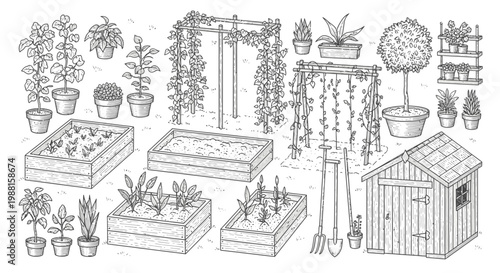 Garden illustration with plants and gardening tools vector graphic design