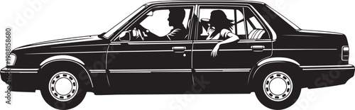 Black car, sedan, vehicle silhouette, side view, automotive illustration