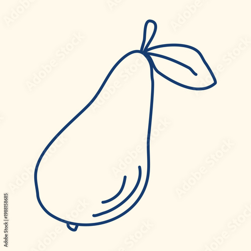 Ripe, elongated pear with leaf, done in doodle style. Drawing of the sweet fruit, done in blue ink. Healthy organic food, vector graphics