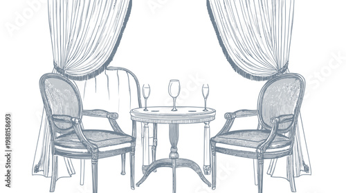 Illustration of a romantic setting with two armchairs, a small table, three wine glasses, and curtains