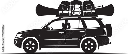 Black SUV with roof rack and luggage, travel vehicle silhouette, adventure car icon, road trip transport
