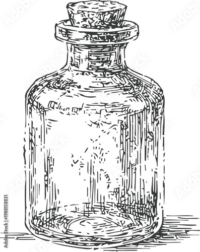 Vintage glass bottle with cork stopper hand drawn ink illustration of an empty container for liquids or potions