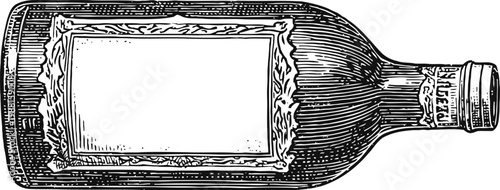 Vintage wine bottle illustration with ornate label frame, classic engraved glass design