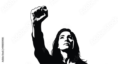 Empowered woman with raised fist in black and white silhouette, symbolizing strength and feminism