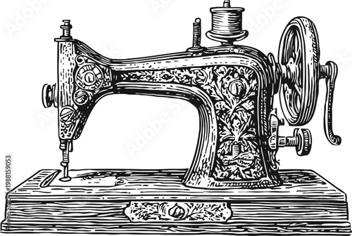 vintage ornate sewing machine illustration detailed antique tailors equipment design with floral decorations and hand crank mechanism
