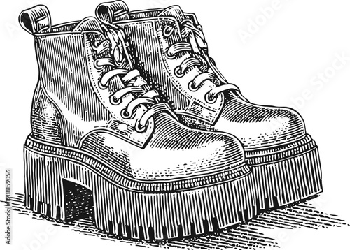 Pair of vintage platform boots with thick soles and laces, detailed black and white engraving