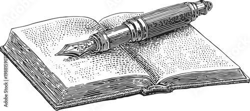 Open vintage book with fountain pen lying on pages classic literature and writing concept illustration