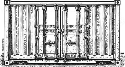 vintage shipping container illustration detailed black and white cargo box design with metal locks and ridged panels