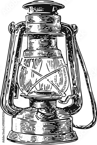 Vintage kerosene lantern detailed engraving illustration with glass and metal parts