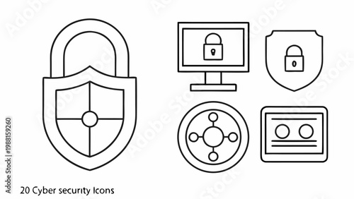 Collection of modern outline cyber security icons including a padlock shield computer monitor network hub and tablet symbolizing digital protection data privacy and online safety