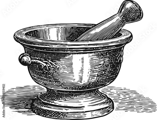 Vintage mortar and pestle engraving traditional kitchen tool for grinding and crushing herbs and spices