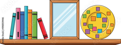 Colorful bookshelf with books, picture frame and decorative plate on a white background isolated on transparent background, isolated on white background, Vector