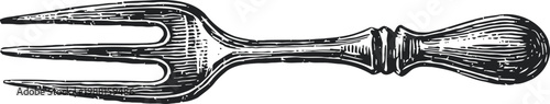 Vintage hand drawn fork illustration with wooden handle, detailed engraving cutlery design
