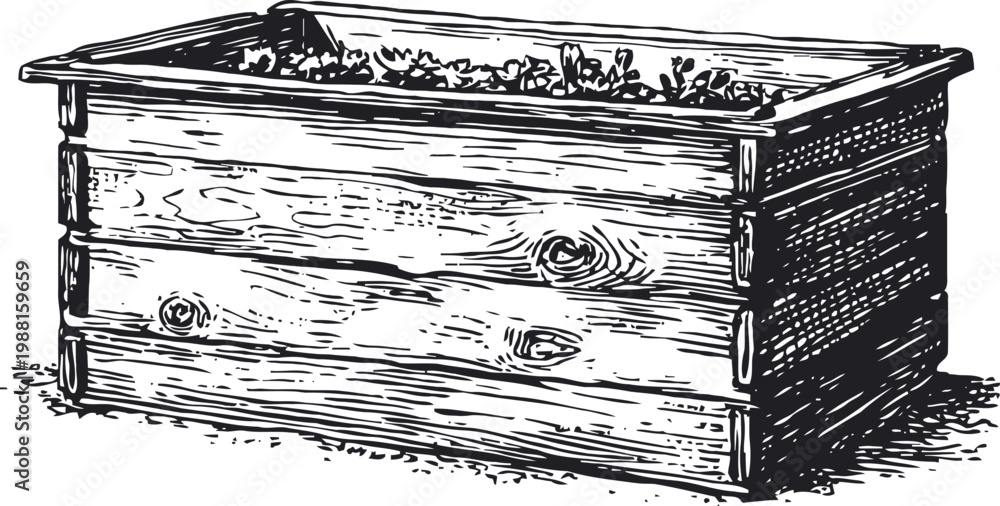 Fototapeta premium wooden raised garden bed filled with soil for planting vegetables and flowers, vintage sketch