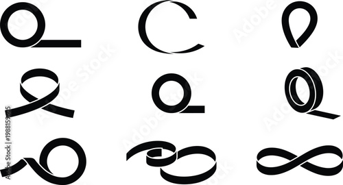 Set aus neun abstrakten, schwarzen, bandartigen Symbolen und Schleifen.