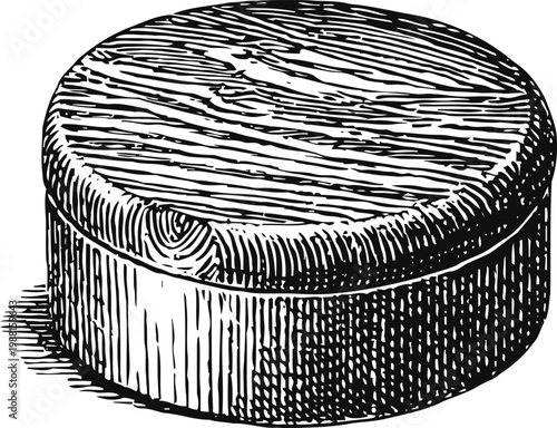 Round wooden box with lid, detailed vintage engraving illustration handcrafted container for storage or gift packaging