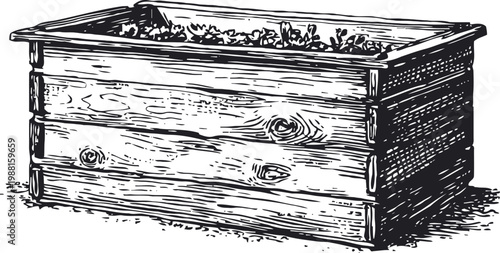 wooden raised garden bed filled with soil for planting vegetables and flowers, vintage sketch