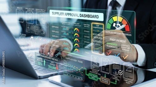 A businessman analyzing a supplier approval dashboard on a laptop computer