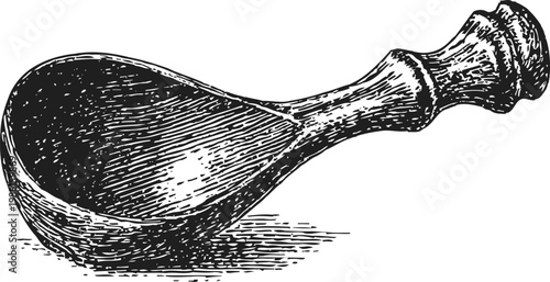 Hand drawn wooden scoop with a carved handle vintage kitchen utensil illustration