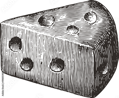 Vintage illustration of a triangular piece of cheese with holes, detailed line art drawing of dairy product