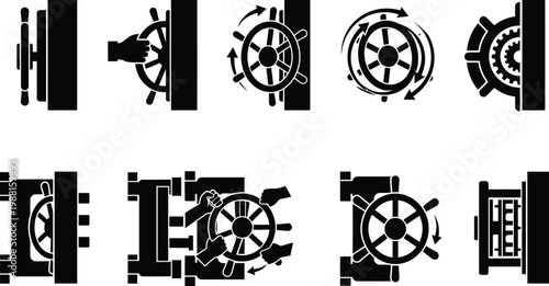 Satz von Piktogrammen, die die Bedienung und das Öffnen einer schweren Tresortür illustrieren.