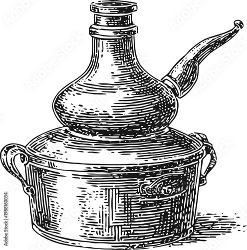 Vintage copper distillation apparatus with spout and handles, antique laboratory equipment illustration
