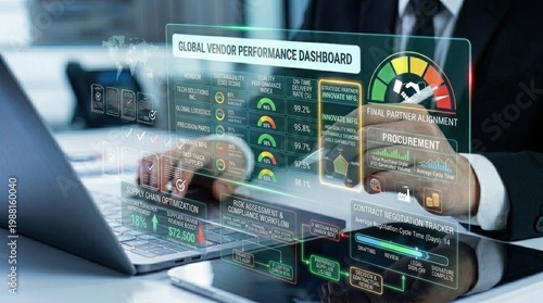 A businessman analyzing data on a laptop with a global vendor performance dashboard