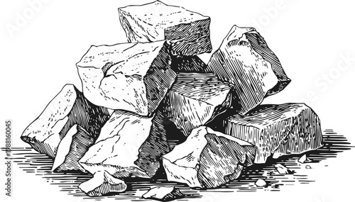 hand drawn charcoal chunks illustration black and white sketch of natural charcoal pieces pile, textured rough wooden fuel