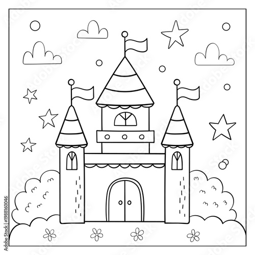 Black and white vector coloring page featuring a cute magical fairytale castle . Outline illustration for kids activity book, printable worksheet