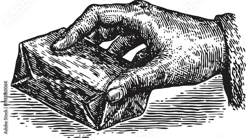 Hand holding a wrapped brick, vintage engraving illustration showing a firm grip and texture details