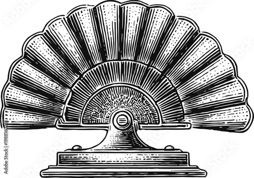 Vintage mechanical fan heater with foldable protective guard, retro appliance detailed engraving