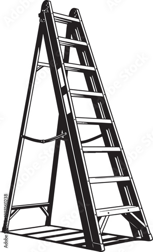 Industrial step ladder vector illustration, black and white folding stepladder icon, metal construction ladder for home repair and maintenance