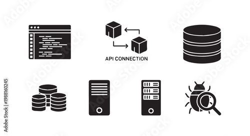 Software development icons set featuring API connection and database servers